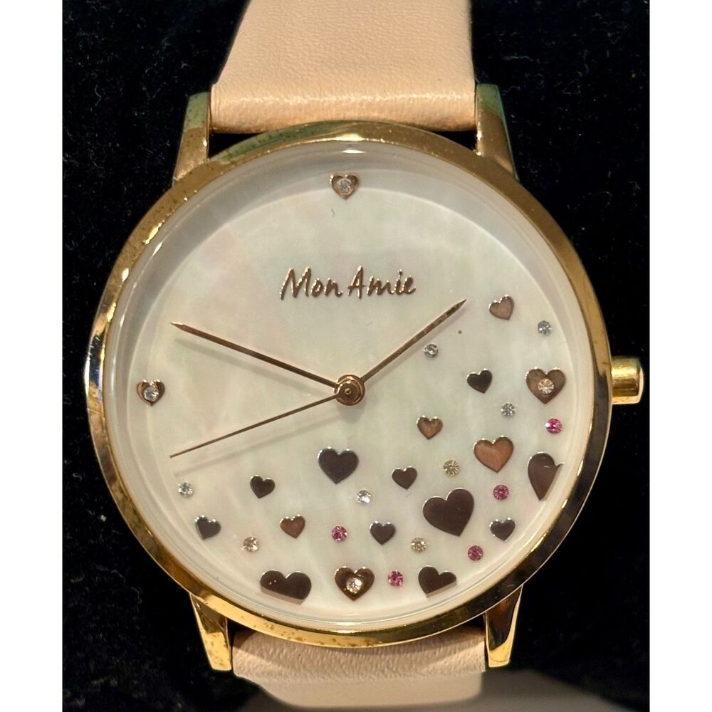 Mon Amie Women’s Quartz Watch – Mother of Pearl & Floating Hearts- NEW BATTERY
